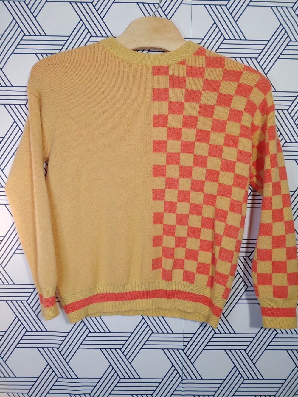 80s Inspired Checkerboard Knit Sweater • Retro Bold Graphic Stranger Things